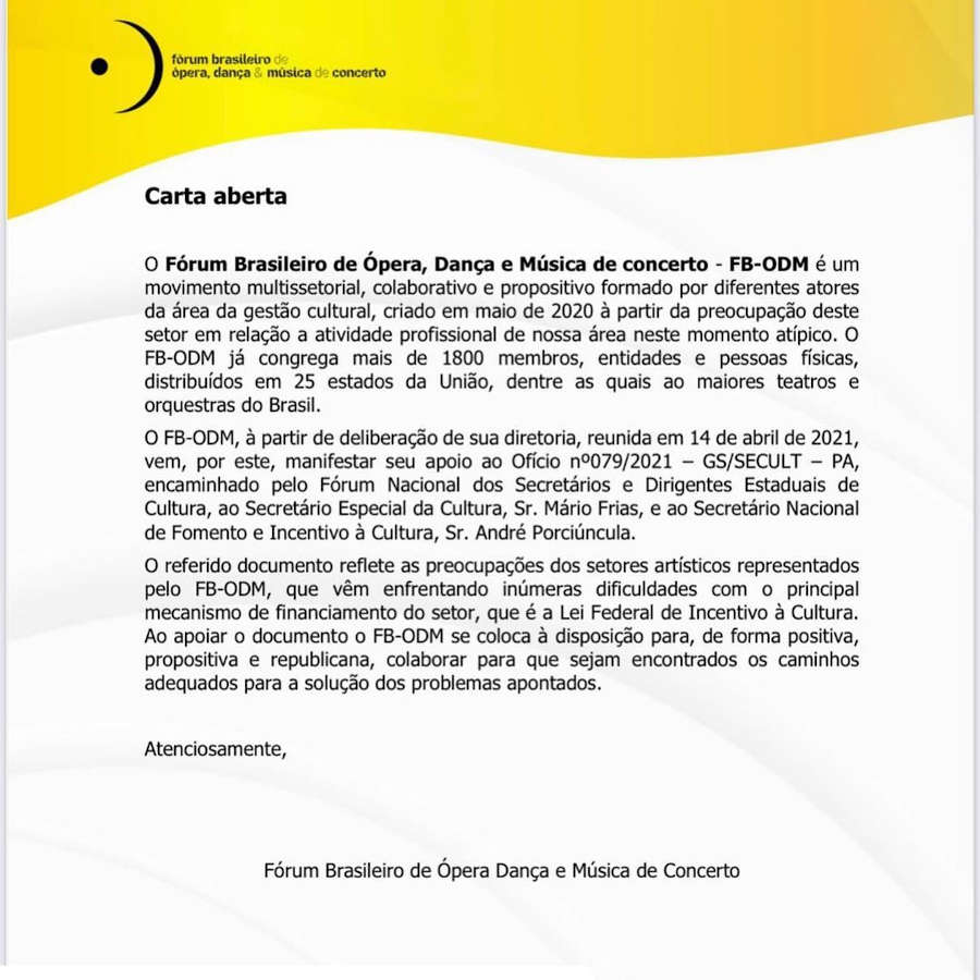 Apoio do Fórum ODM à carta dos secretários da Cultura (reprodução)