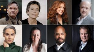 Do alto e da direita para a esquerda: Stephen Hough, Maria João Pires, Rachel Barton-Pine, Marc-André Hamelin, Clarice Assad, Valentina Peleggi, João Rocha e Bryn Terfel [Fotos Divulgação]